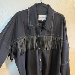 NWT Black Denim Rhinestone Fringe Jacket Size XL